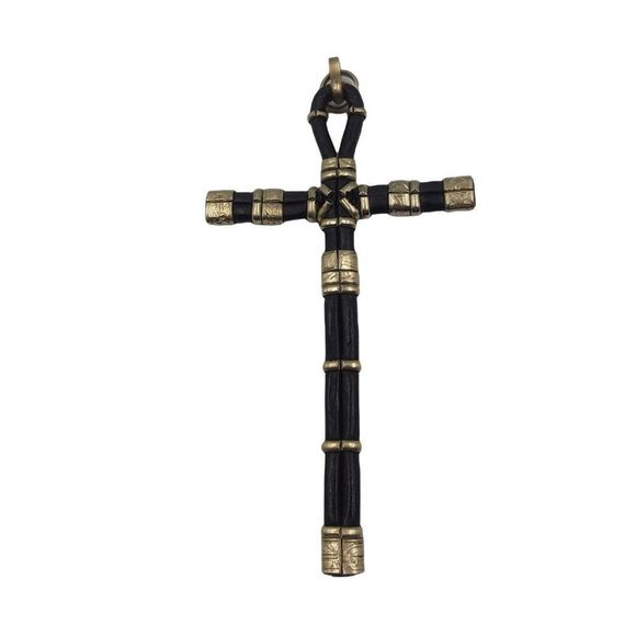 7" Crucifix Cross Pendant Black Leather Silver Floral - Picture 2 of 3